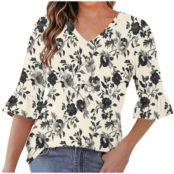 QQAMB Women's Tunic Tops V-Neck Floral Printed Half Sleeve Casual Loose Ruffle Blouse T-Shirts Khaki 2XL