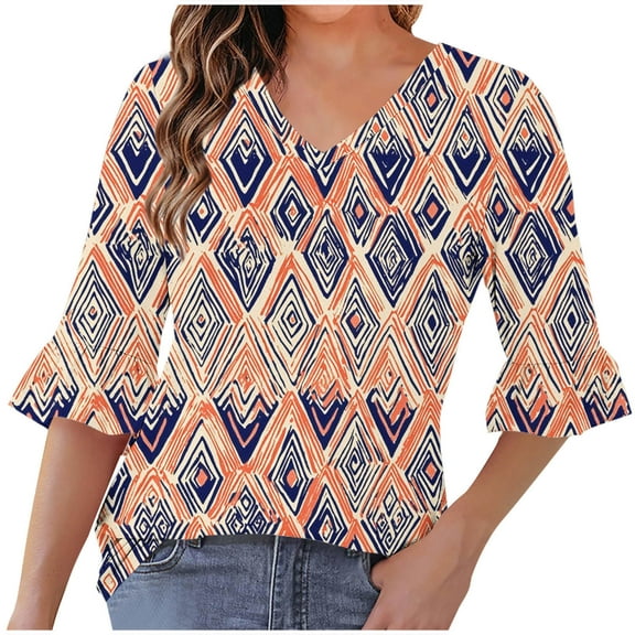 QQAMB Women's Tunic Tops V-Neck Floral Printed Half Sleeve Casual Loose Ruffle Blouse T-Shirts Orange 2XL