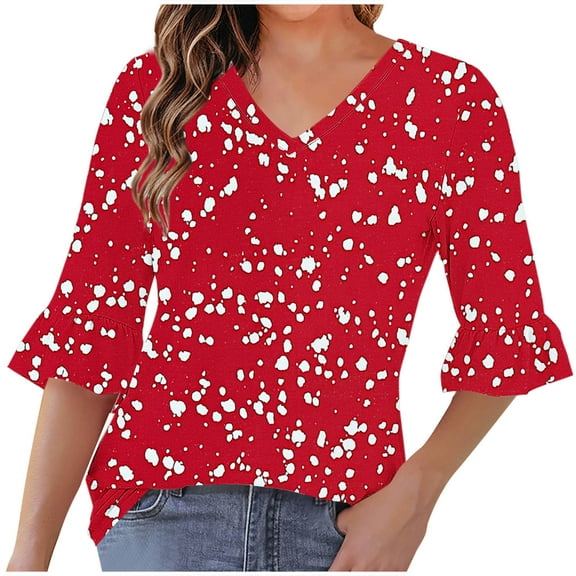 QQAMB Women's Tunic Tops V-Neck Floral Printed Half Sleeve Casual Loose Ruffle Blouse T-Shirts Red 2XL