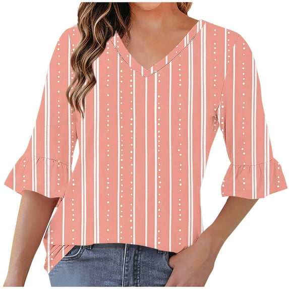 QQAMB Women's Tunic Tops V-Neck Strip Printed Half Sleeve Casual Loose Ruffle Blouse T-Shirts Red L