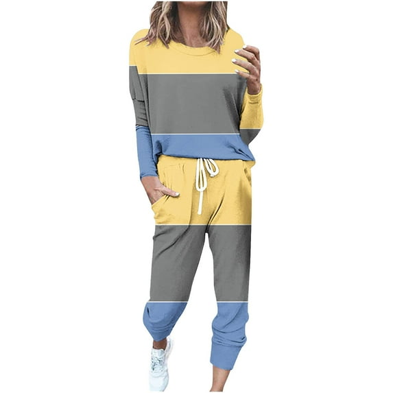 DeHolifer Women's Two Piece Tracksuit Color Block Crewneck Long Sleeve Pullover Long Sweatpants Sport Outfits Sets Sky Blue M