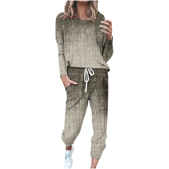 DeHolifer Women's Two Piece Tracksuit Strip Print Crewneck Long Sleeve Pullover Long Sweatpants Sport Outfits Sets Brown 4XL