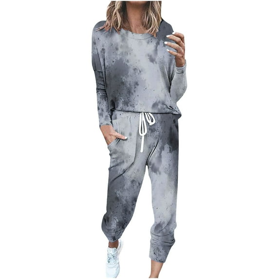 DeHolifer Women's Two Piece Tracksuit Tie Dye Crewneck Long Sleeve Pullover Long Sweatpants Sport Outfits Sets Dark Gray 2XL