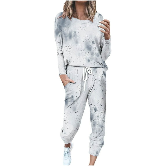 DeHolifer Women's Two Piece Tracksuit Tie Dye Crewneck Long Sleeve Pullover Long Sweatpants Sport Outfits Sets White XL