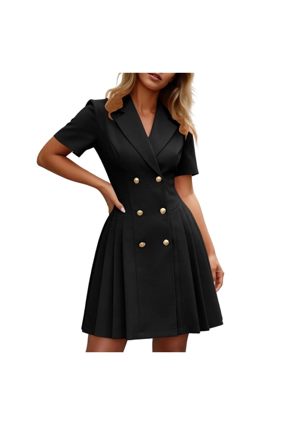Women's V-Neck Double Breasted Blazer Dress Short Sleeve Elegant Blazer Dress Pleated A Line Business Dresses Black 2XL