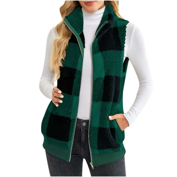 DeHolifer Women's Vest Winter Warm Plush Plaid Printed Sleeveless Lapel Zipper Vest Oversized 2023 Fashion Vest Army Green 3XL