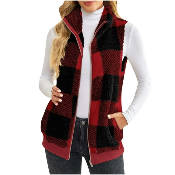 DeHolifer Women's Vest Winter Warm Plush Plaid Printed Sleeveless Lapel Zipper Vest Oversized 2023 Fashion Vest Wine XL