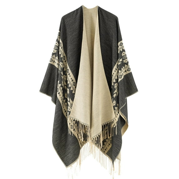 QQAMB Women's Warm Shawl Patchwork Tassel Knitted Cape Wraps Shawl Fall Winter Cardigan Coat Black Free Size