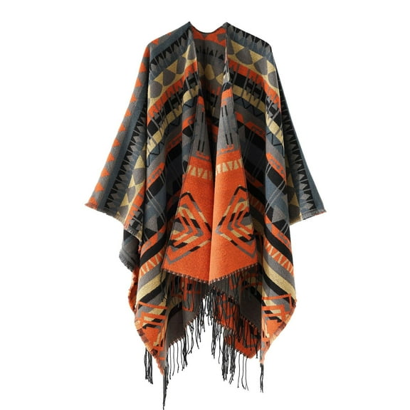 DeHolifer Women's Warm Shawl Patchwork Tassel Knitted Cape Wraps Shawl Fall Winter Cardigan Coat Blue Free Size