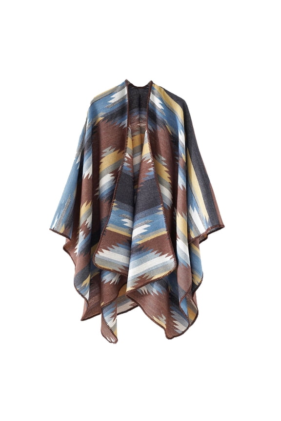 Women's Warm Shawl Patchwork Tassel Knitted Cape Wraps Shawl Fall Winter Cardigan Coat Brown Free Size