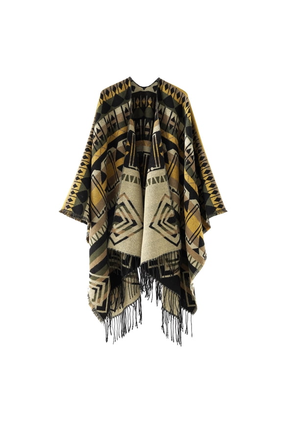 Women's Warm Shawl Patchwork Tassel Knitted Cape Wraps Shawl Fall Winter Cardigan Coat Khaki Free Size