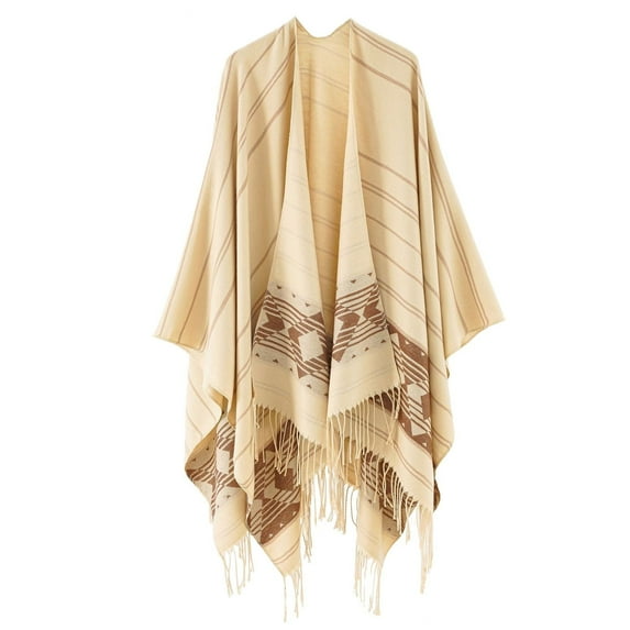 QQAMB Women's Warm Shawl Patchwork Tassel Knitted Cape Wraps Shawl Fall Winter Cardigan Coat Khaki Free Size