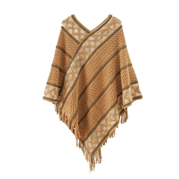 DeHolifer Women's Warm Shawl Patchwork Tassel Knitted Cape Wraps Shawl Fall Winter Cardigan Coat Khaki Free Size