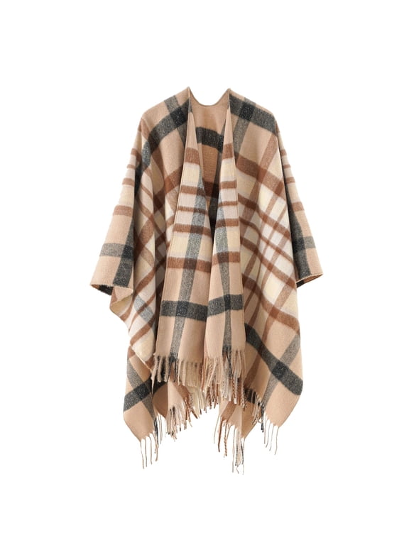 Women's Warm Shawl Patchwork Tassel Knitted Cape Wraps Shawl Fall Winter Cardigan Coat Khaki Free Size