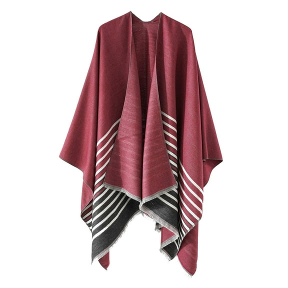 QQAMB Women's Warm Shawl Patchwork Tassel Knitted Cape Wraps Shawl Fall Winter Cardigan Coat Red Free Size