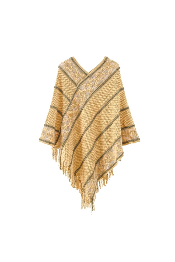DeHolifer Women's Warm Shawl Patchwork Tassel Knitted Cape Wraps Shawl Fall Winter Cardigan Coat Yellow Free Size