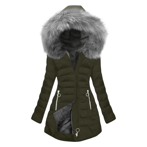 DeHolifer Women's Winter Coats Warm Solid Color Long Elegant Quilted Puffer Jacket with Faux Fur Hood Warm Thicken Parka Army Green 5XL