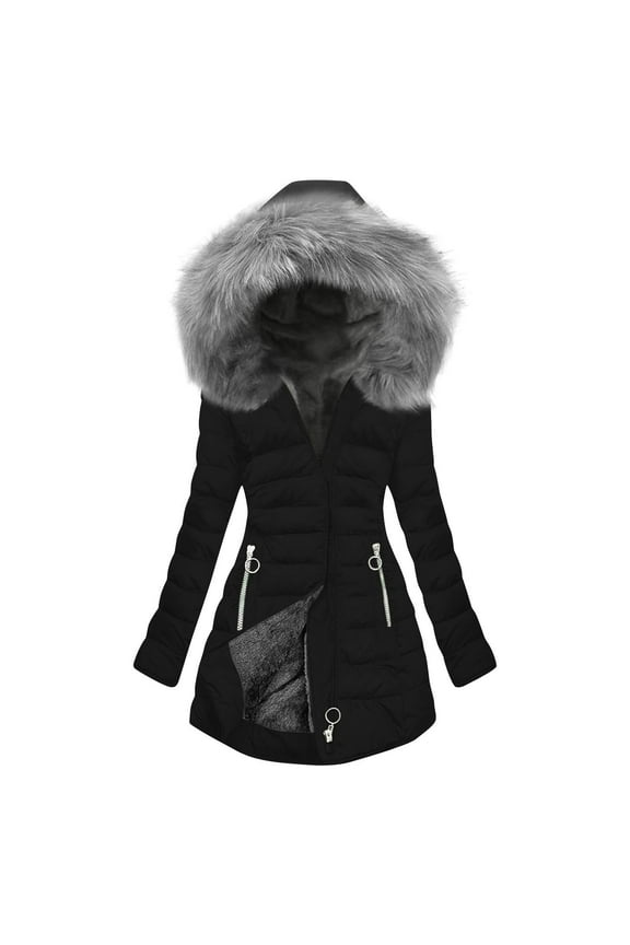 Women's Winter Coats Warm Solid Color Long Elegant Quilted Puffer Jacket with Faux Fur Hood Warm Thicken Parka Black L