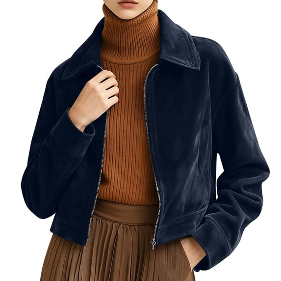 DeHolifer Women's Winter Jacket Zipper Coat Casual Lapel Oversized Long Sleeve Outerwear Coats Navy L