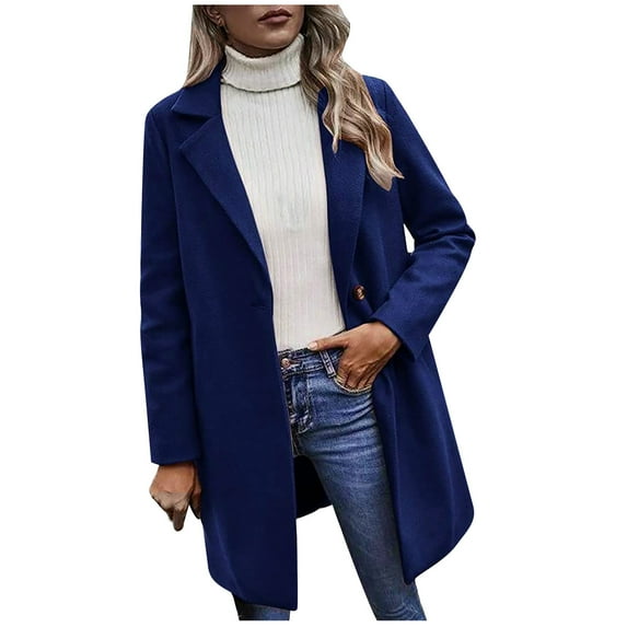 DeHolifer Women's Winter Wool Coat Casual Notch Lapel Single-Breasted Peacoat Plus Size Solid Casual Fashion Coat Jacket Blue M