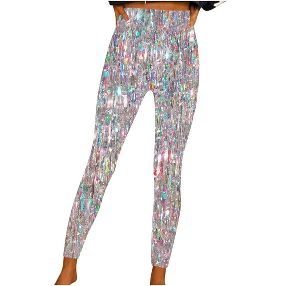 DeHolifer Women’s Yoga Pants High Waisted Sequin Printed Straight Leg Fitness Sports Gym Casual Ladies Yoga Pants Pink 2XL