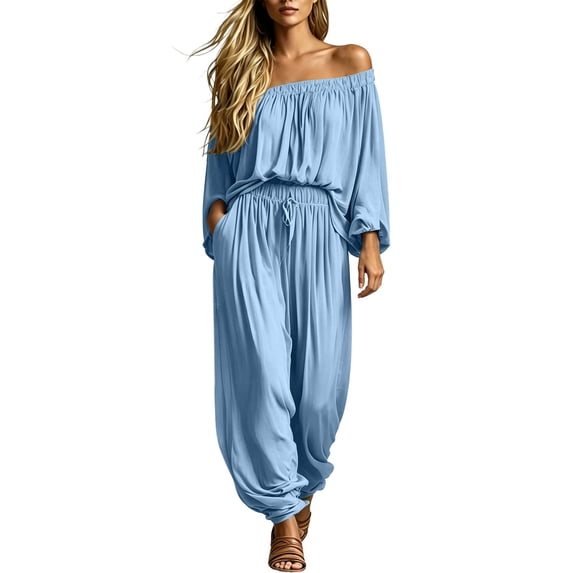DeHolifer Womens 2 Piece Sets Cotton Linen Solid Color One Shoulder Shirt and Wide Leg Pants Set Sky Blue L