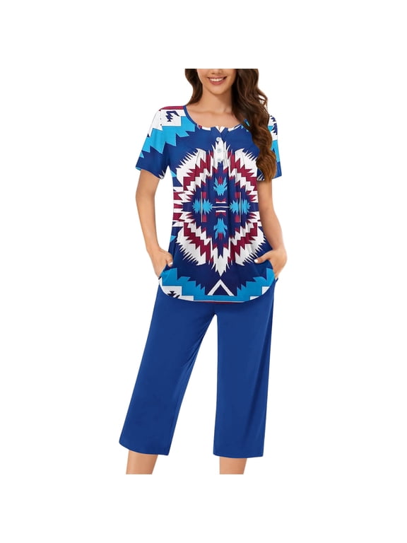Womens 2 Piece Sets Plus Size Button Crewneck Short Sleeve Top and Capri Pants with Pockets Workout Sleepwear Lounge Soft Sets Multicolor M