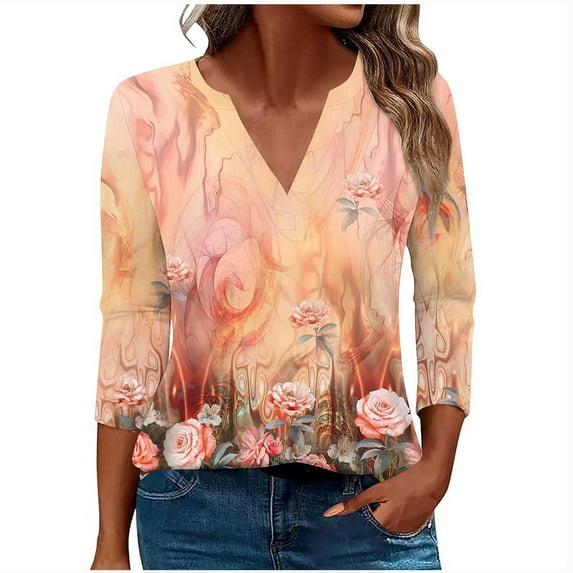 DeHolifer Womens 3/4 Sleeve T-Shirts V-Neck Loose Floral Print Comfy Blouse Tops Fall Fashion Tee Orange 5XL