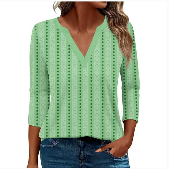 DeHolifer Womens 3/4 Sleeve T-Shirts V-Neck Loose Strip Print Comfy Blouse Tops Fall Fashion Tee Green 2XL