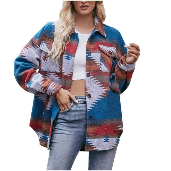 DeHolifer Womens Aztec Jacket Shacket Vintage Boho Woolen Button Down Denim Jacket Coat with Pockets Blue M