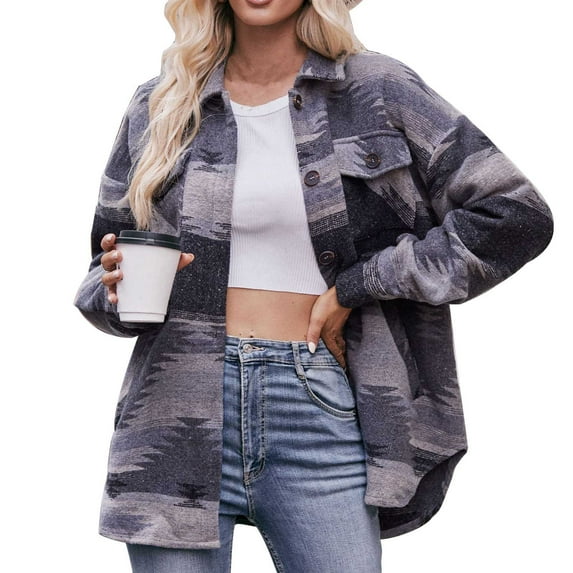 DeHolifer Womens Aztec Jacket Shacket Vintage Boho Woolen Button Down Denim Jacket Coat with Pockets Dark Gray M