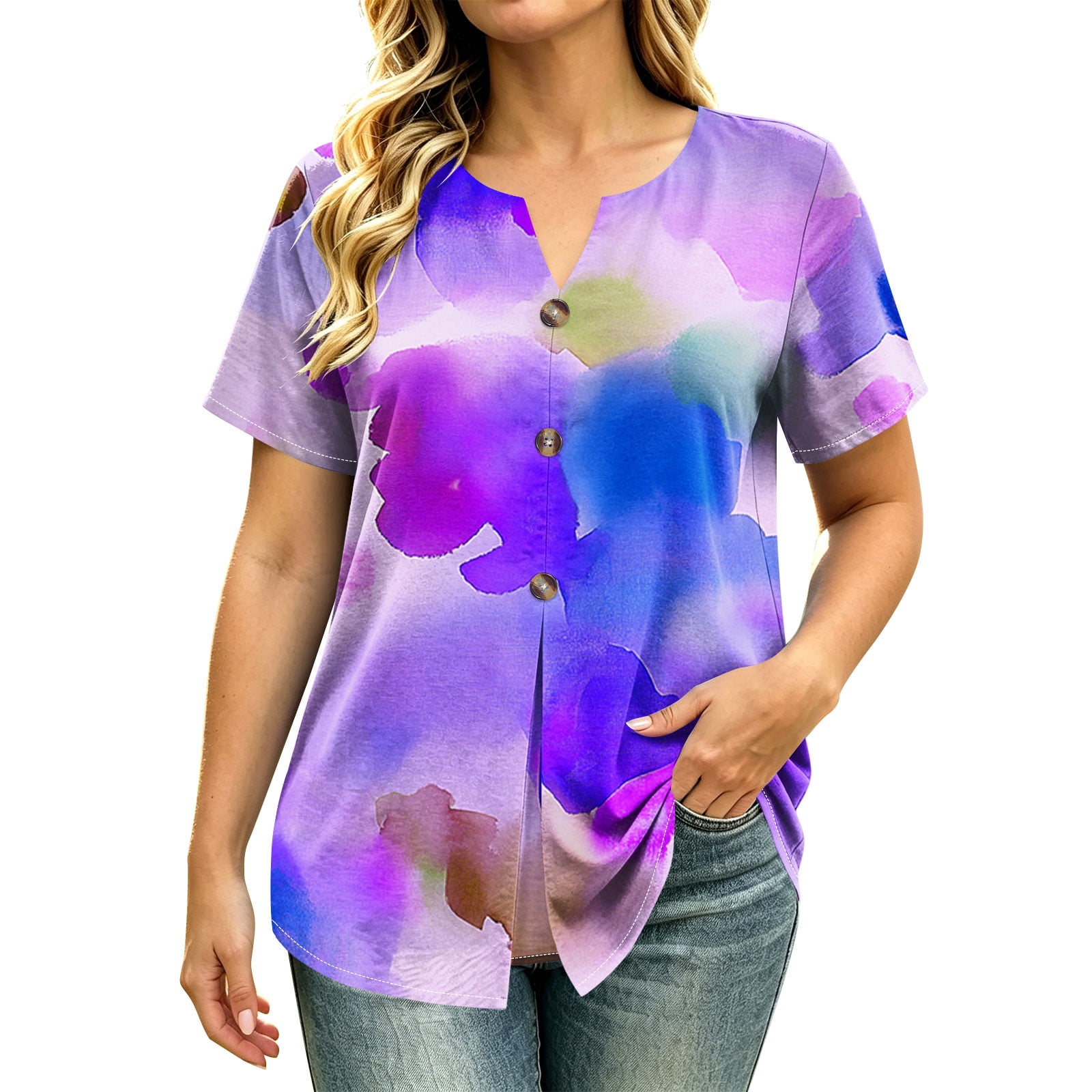 DeHolifer Womens Blouses Tops Plus Size Floral Printed Button Down ...