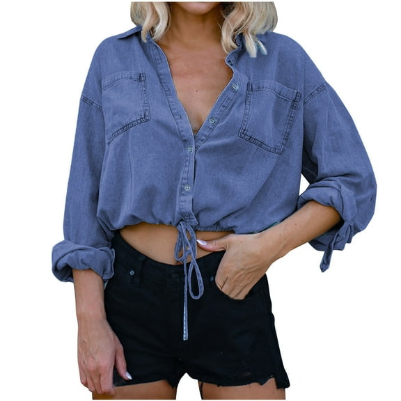 QQAMB Womens Button Down Denim Shirt Chambray Casual Long Sleeve Collared Boyfriend Jean Shirt with Pockets Blue XL