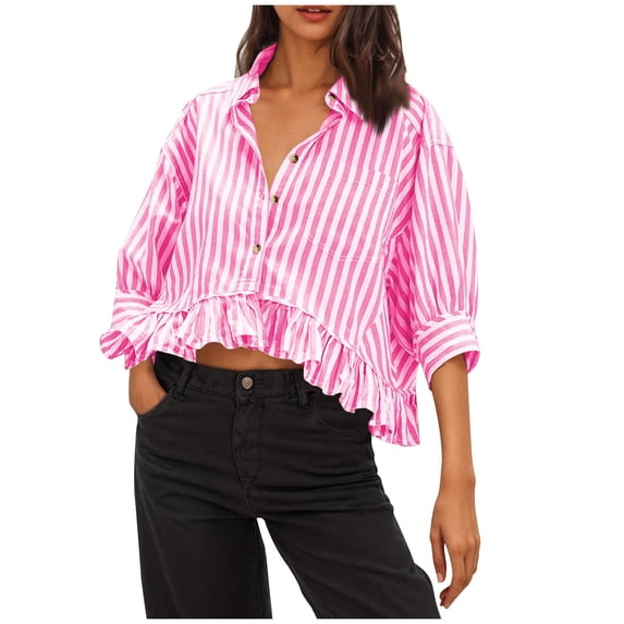 DeHolifer Womens Button Down Shirts Casual Striped 3/4 Ruffle Sleeve Turndown Collar Button Blouse Tops Pink M