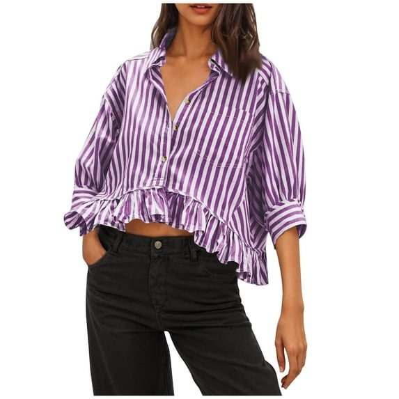 DeHolifer Womens Button Down Shirts Casual Striped 3/4 Ruffle Sleeve Turndown Collar Button Blouse Tops Purple S