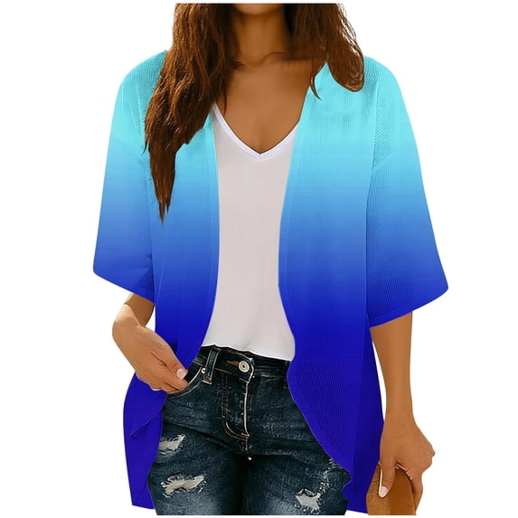 DeHolifer Womens Cardigan Kimono Beach Cover Up Gradient Color Summer Tops Loose Capes Dark Blue L