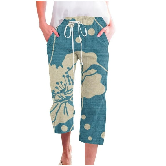 DeHolifer Womens Carpri Pants Elastic Waist Floral Print Drawstring Wide Leg Loose Casual Trousers with Pocket Blue M