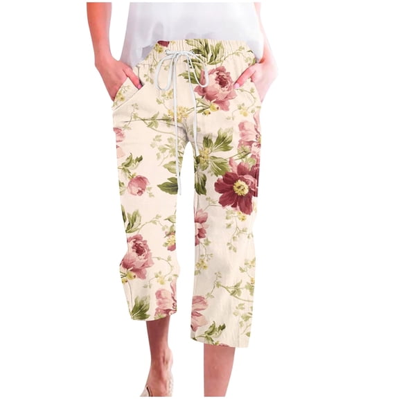DeHolifer Womens Carpri Pants Elastic Waist Floral Print Drawstring Wide Leg Loose Casual Trousers with Pocket Khaki 3XL