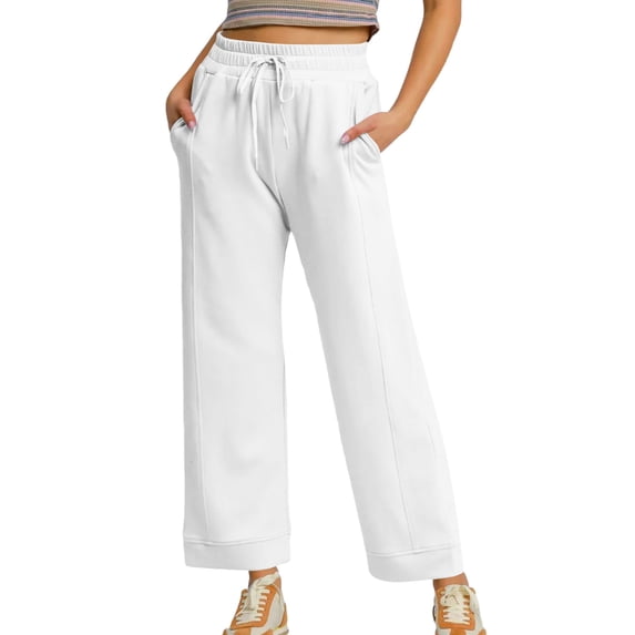 DeHolifer Womens Carpri Pants Elastic Waisted Solid Color Wide Leg Sweatpants Baggy Lounge Travel Jogger Pants White S