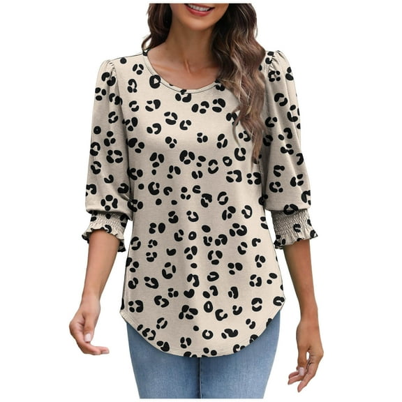 DeHolifer Womens Casual T-Shirts Floral Printed 3/4 Length Sleeve Smocked Cuffs Crewneck Summer Trendy T-Shirts Khaki 2XL