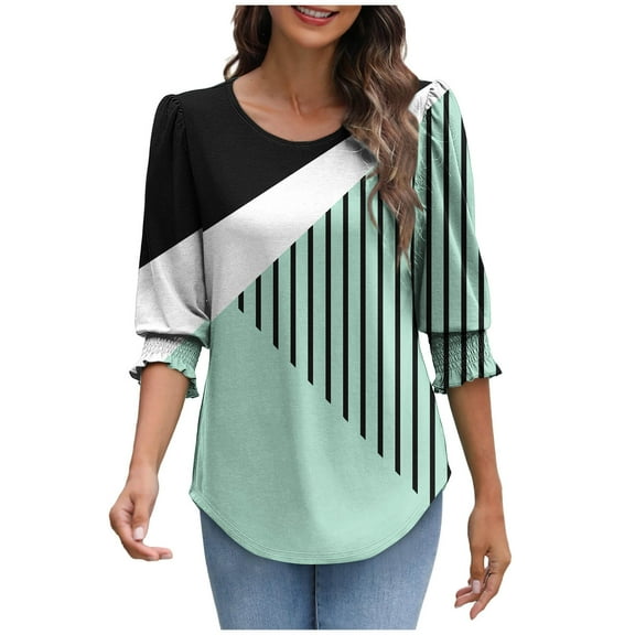 DeHolifer Womens Casual T-Shirts Strip Printed 3/4 Length Sleeve Smocked Cuffs Crewneck Summer Trendy T-Shirts Green 2XL