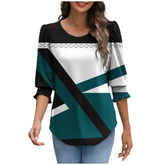 DeHolifer Womens Casual T-Shirts Strip Printed 3/4 Length Sleeve Smocked Cuffs Crewneck Summer Trendy T-Shirts Navy L