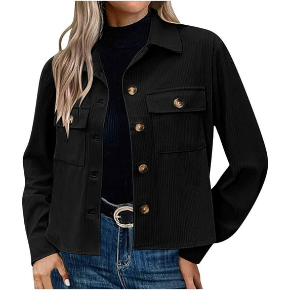 DeHolifer Womens Coats Cropped Shackets Corduroy Button Down Crop Jackets Tops Long Sleeve Shirts Trendy 2024 Outwear Coat Black M