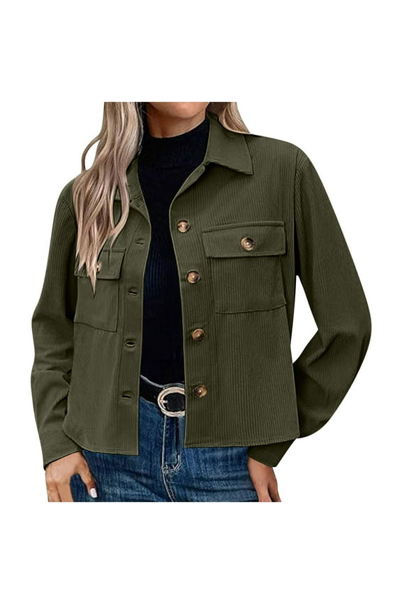 DeHolifer Womens Coats Cropped Shackets Corduroy Button Down Crop Jackets Tops Long Sleeve Shirts Trendy 2024 Outwear Coat Green L