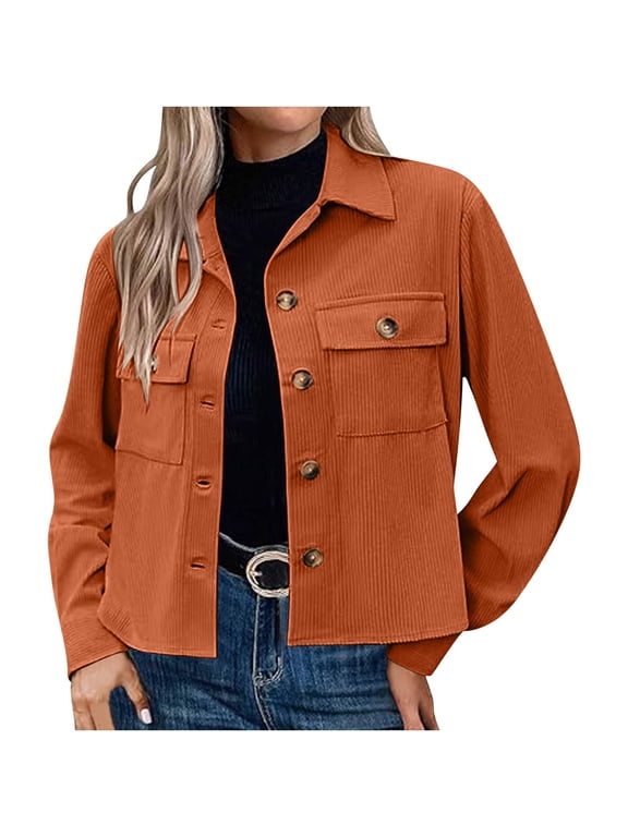 DeHolifer Womens Coats Cropped Shackets Corduroy Button Down Crop Jackets Tops Long Sleeve Shirts Trendy 2024 Outwear Coat Orange 2XL