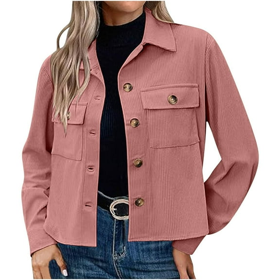 QQAMB Womens Coats Cropped Shackets Corduroy Button Down Crop Jackets Tops Long Sleeve Shirts Trendy 2024 Outwear Coat Pink M
