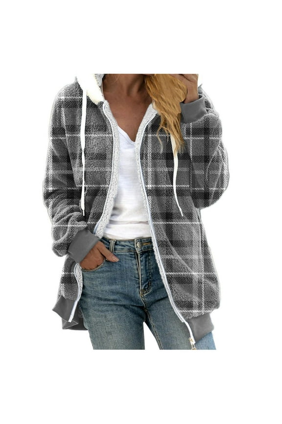 DeHolifer Womens Coats Long Sleeve Zipper Plaid Shirts Drawstring Hooded Shacket Jacket Plush Winter Warm Coats with Pockets Gray S