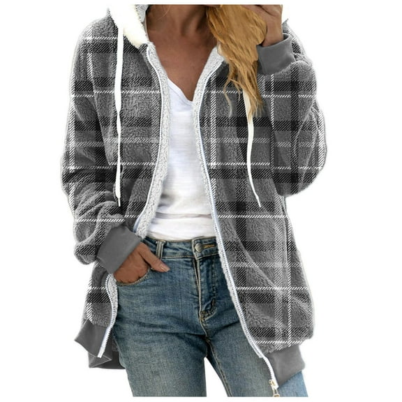 DeHolifer Womens Coats Long Sleeve Zipper Plaid Shirts Drawstring Hooded Shacket Jacket Plush Winter Warm Coats with Pockets Gray XL