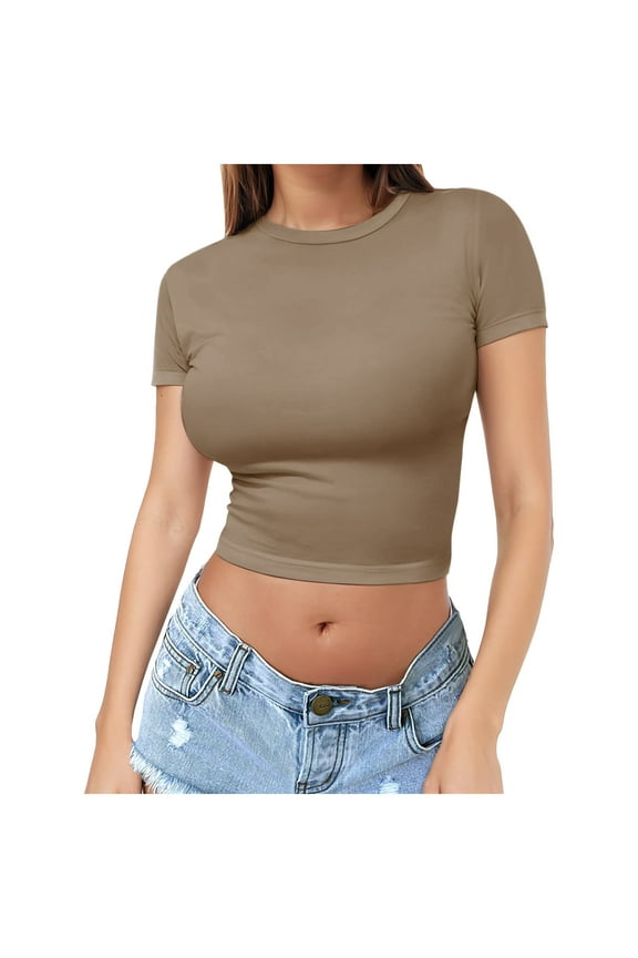 Womens Crop Blouses Crewneck Short Sleeve Solid Color Crop Tops Casual T Shirt Khaki M