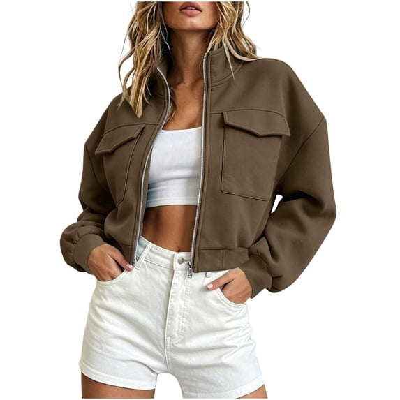 DeHolifer Womens Cropped Jacket Stand Collar Full Zipper Solid Color Fall Winter Trendy Jacket Brown XXL